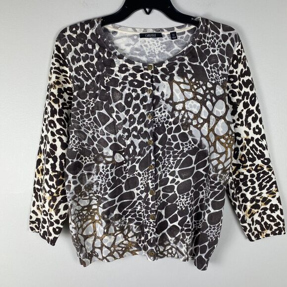 ⭐️ Carlisle Cardigan Top Silk Blend Leopard Animal Print Gold Buttons Large - Picture 1 of 7